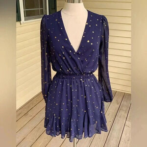 Altard State Dress Dark Blue W/ Gold Stars Print Dress Size Small Boho Fairy